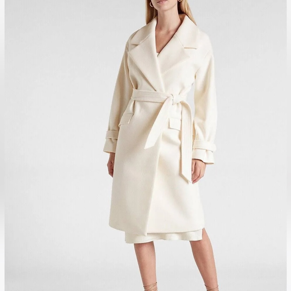 Express • New • Women’s Belted Wrap Front Faux Wool Coat in Cream size Large